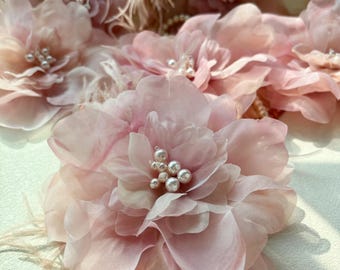 Pink Handcrafted flower with pearls for couture garments millinery suppliest
