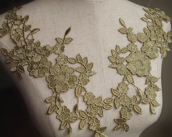 gold lace applique by pairs, metallic gold venise lace applique