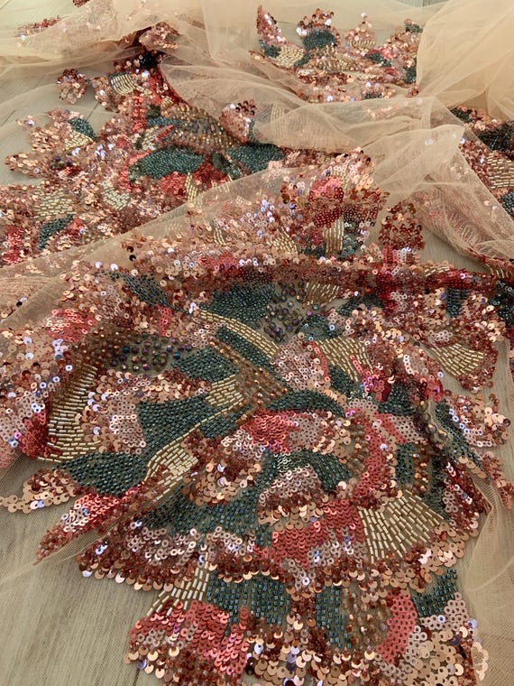 pink green bead embroidery fabric with big flowers, heavy bead tulle fabric with florals for dress, couture