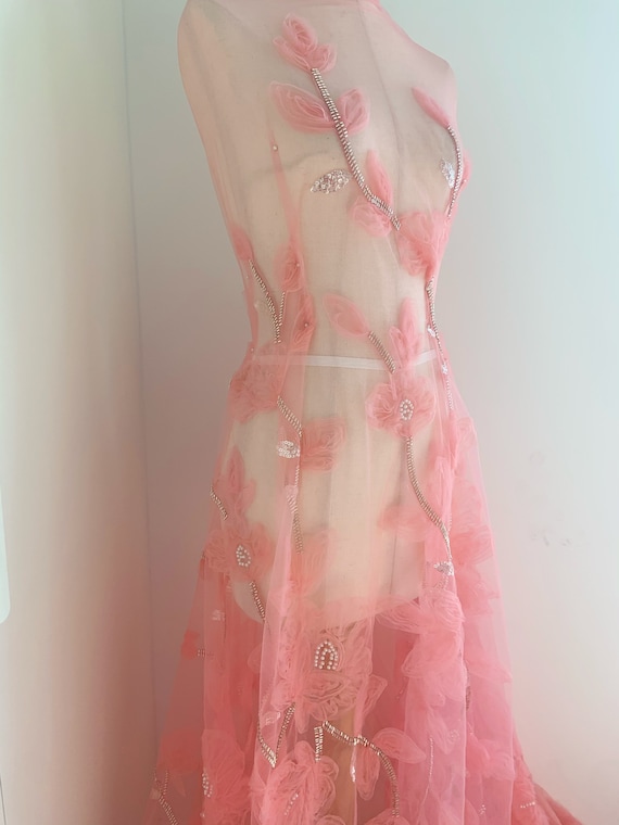 Watermelon pink 3d flowers for couture, bridal dress, bead tulle lace fabric with 3d flowers, heavy beading florals fabric