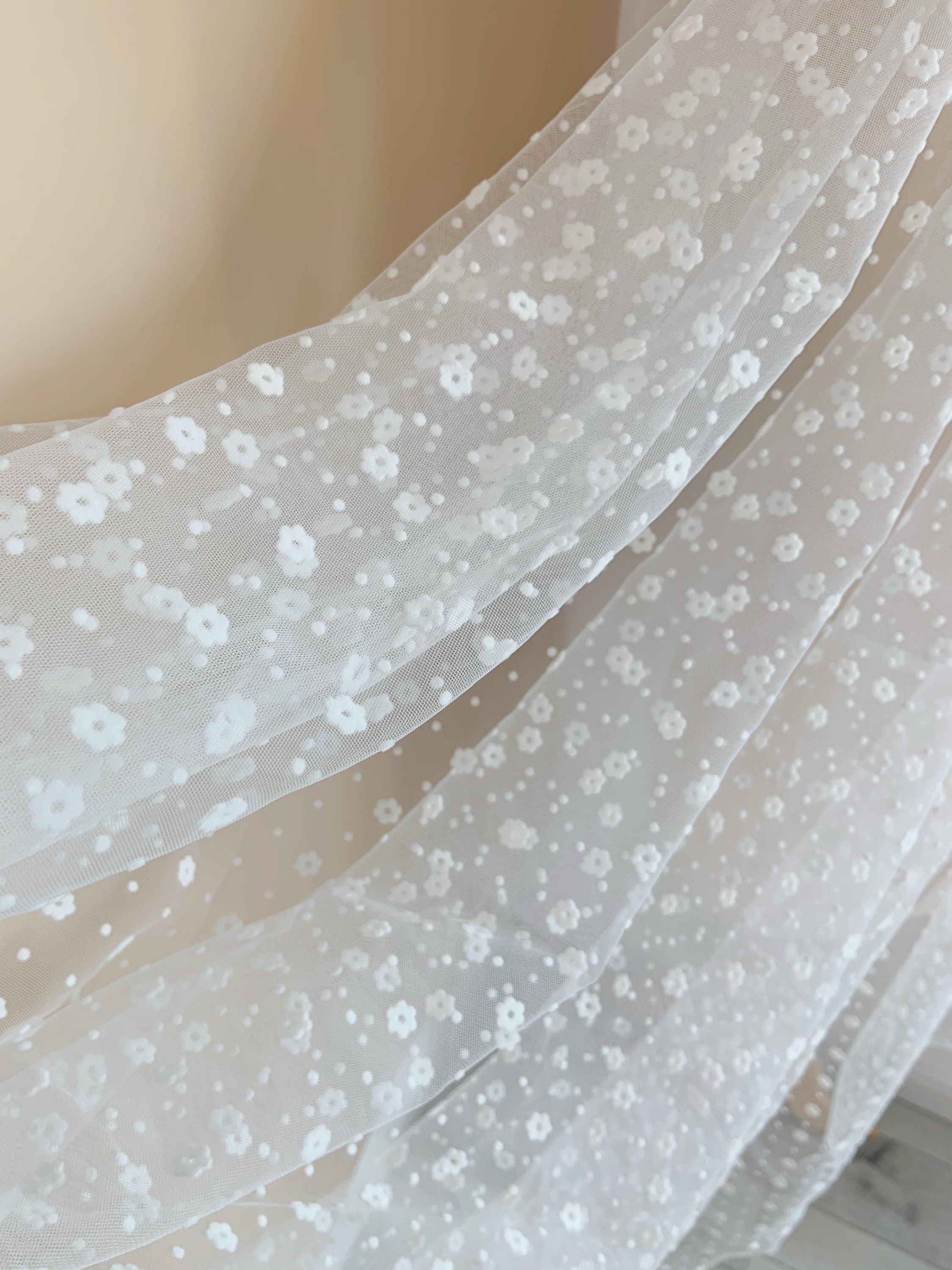 Off White Tulle Lace Fabric With Tiny Velvet Flowers and