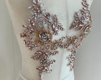 Par de apliques de diamantes de imitación en oro rosa: parche floral de cristal cosido a mano para corpiño de vestido de novia, vestido de alta costura y traje de baile.