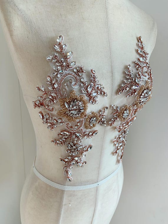 Rose gold Rhinestone Appliqué Pair – Hand sewn Crystal Floral Bodice Patch for Bridal Gown, Couture Dress, Dance Costume