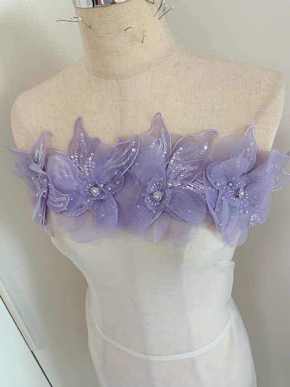3d purple organza flowers applique for couture, dress, millinery , dance costume, headpiece, flower patch