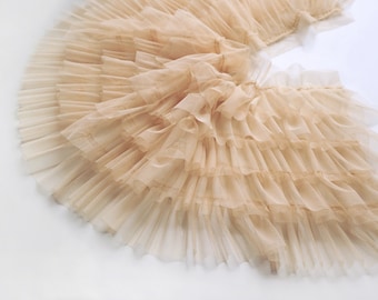 apricot ruffled tulle trim, pink pleated mesh trim, tutu dress fabric, ruffle mesh, doll dress fabric, wedding decors, craft supply