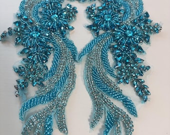 Vivid blue French bead applique, crystal bodice patch, heavy bead applique for couture
