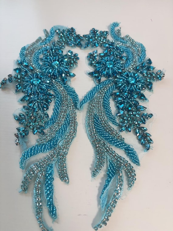 Vivid blue French bead applique, crystal bodice patch, heavy bead applique for couture