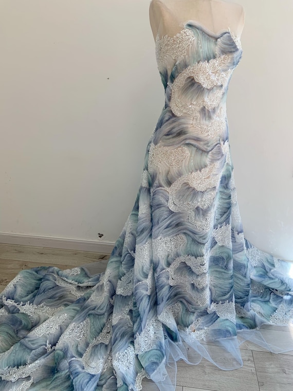 3D blue floral embroidery fabric with beadwork, 3D textured tulle fabric with bead embellishments