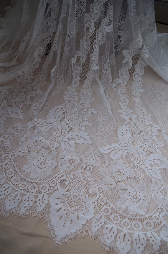 Chantilly lace fabric, bridal chantilly lace, white chantilly lace fabric with double scalloped edges