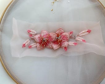 3D pink bead cherry appliqué for dress alteration, pink tambour flower patch millinery supplies