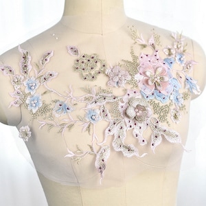 Pastel blue lace applique, heavy bead lace applique, 3D lace applique with rhinestones, bridal lace applique, 3d floral, 3d flower applique