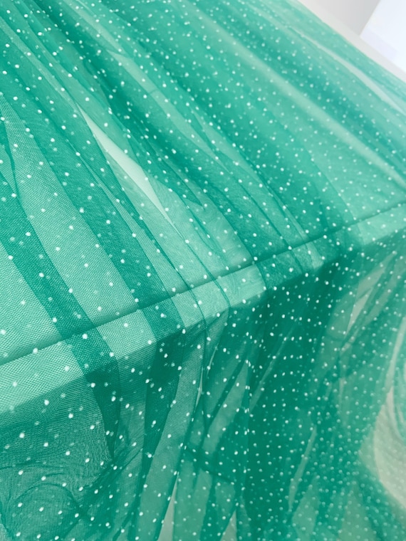 dark green tulle fabric with tiny velvet dots, sheer tulle fabric with mini polka dots for dress, couture, prop