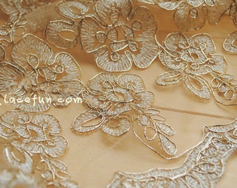 gold alencon lace fabric, cord lace fabric, golden vintage style lace fabric with florals