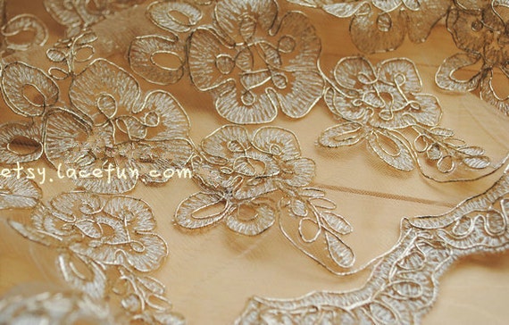 gold alencon lace fabric, cord lace fabric, golden vintage style lace fabric with florals