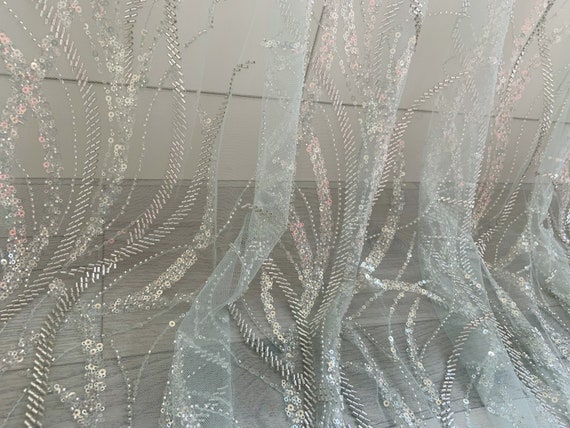 Light green bead tulle lace fabric for bridal dress, beading and sequined mesh fabric for wedding gown