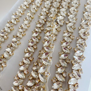 Thin gold Rhinestone trim with leaves, crystal bead belt for wedding sash, dress strap, couture supplies
