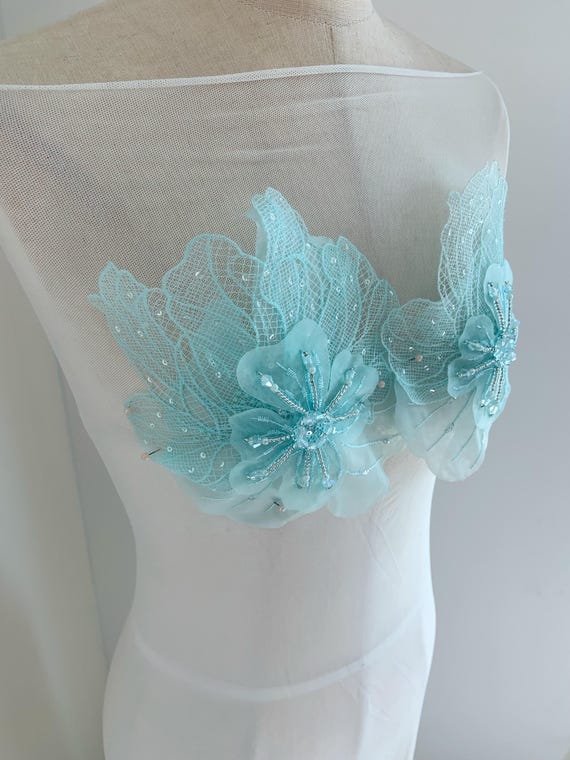 3d aqua blue flowers patch for apparel, dress, millinery , dance costume, headpiece, 3d floral applique