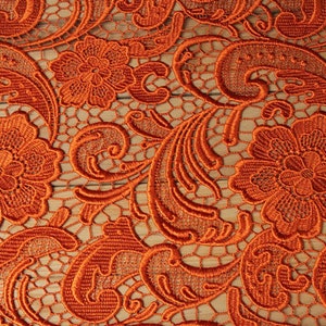 orange lace fabric, venise lace, crocheted lace fabric, retro floral lace, bridal lace, wedding lace fabric image 2