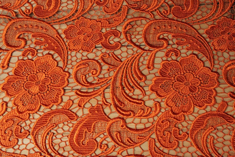 orange lace fabric, venise lace, crocheted lace fabric, retro floral lace, bridal lace, wedding lace fabric image 2