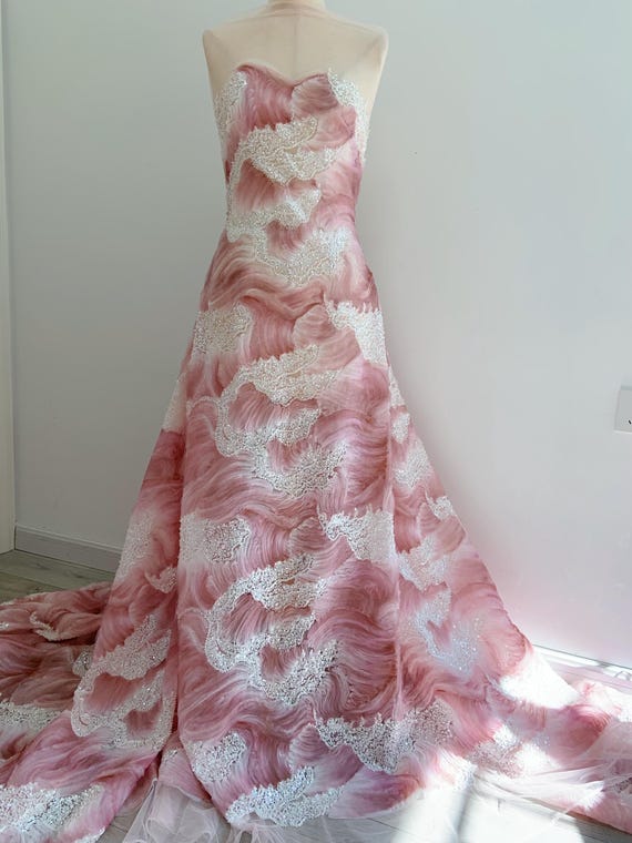 Salmon 3D coiled floral embroidery fabric with beadwork, 3D mesh textured wave fabric with bead embellishments
