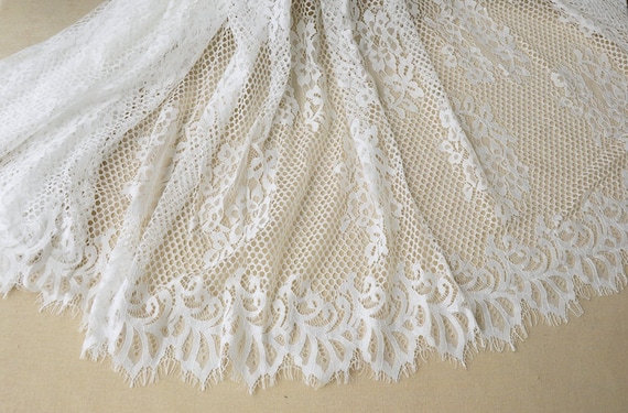 off white Chantilly lace fabric, bridal chantilly lace, retro bridal lace fabric with scalloped borders, lace fabric by the yard