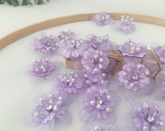 5 pcs light purple handcrafted flowers applique, handmade flowers petals with rhinestone and beads