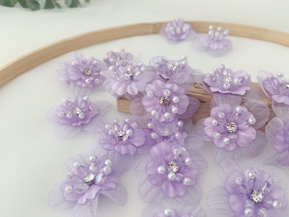 5 pcs light purple handcrafted flowers applique, handmade flowers petals with rhinestone and beads