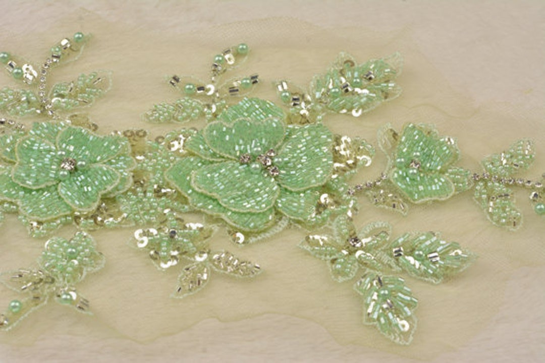 Green Deluxe Bead Applique Heavy Bead Handmade Applique With Etsy