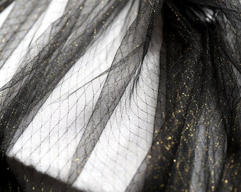 black tulle Lace fabric with golden Diamond lattice, Embroidered tulle mesh lace fabric with checks