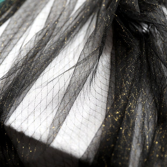 black tulle Lace fabric with golden Diamond lattice, Embroidered tulle mesh lace fabric with checks