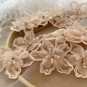 5pcs light pink 3d florals motif applique, heavy bead organza lace applique with rhinestone