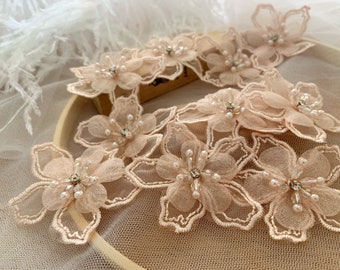 5pcs light pink 3d florals motif applique, heavy bead organza lace applique with rhinestone