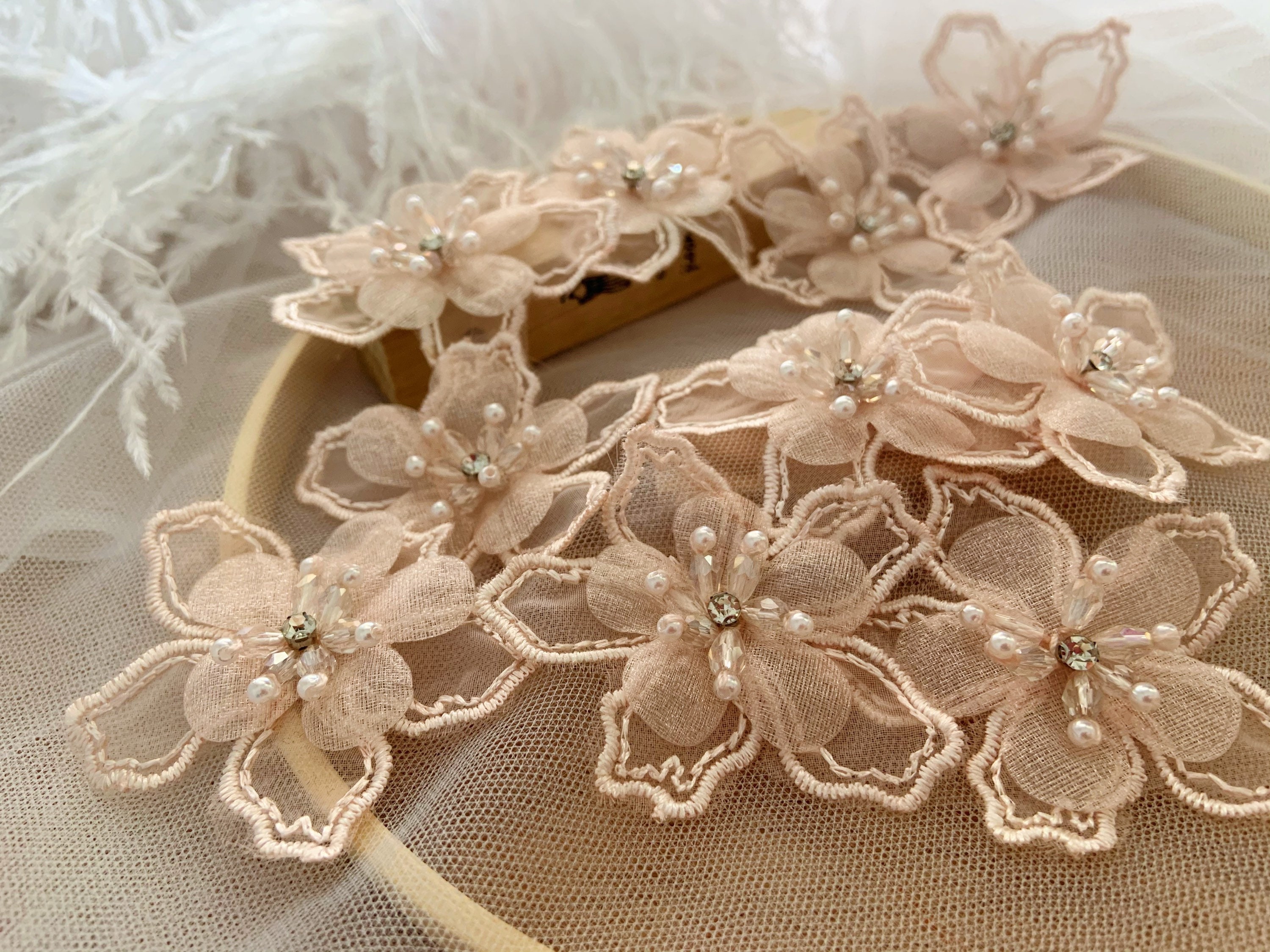 5pcs Light Pink 3d Florals Motif Applique, Heavy Bead Organza