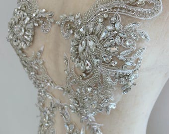 silver Rhinestone applique for with retro floral patterns, crystal bead applique by pair
