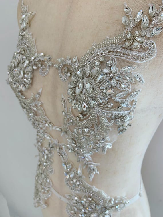 silver Rhinestone applique for with retro floral patterns, crystal bead applique by pair