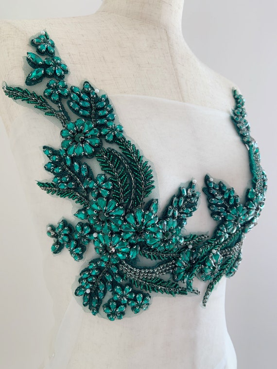 Green Rhinestone applique, sparkle crystal applique, crystal bodice patch, handmade couture supplies, dance costume supplies
