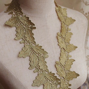 metalic Gold Lace Trim, gold guipure lace trim with floral leaves, golden venise lace trim