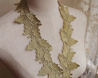 garniture métallique en dentelle d’or, garniture en dentelle de guipure dorée avec feuilles florales, garniture en dentelle de venaison dorée