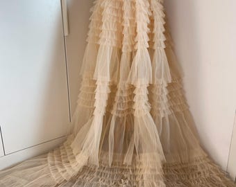 Tela con volantes beige para vestido de pastel, tela con volantes rígidos para vestido de fiesta, vestido de cumpleaños