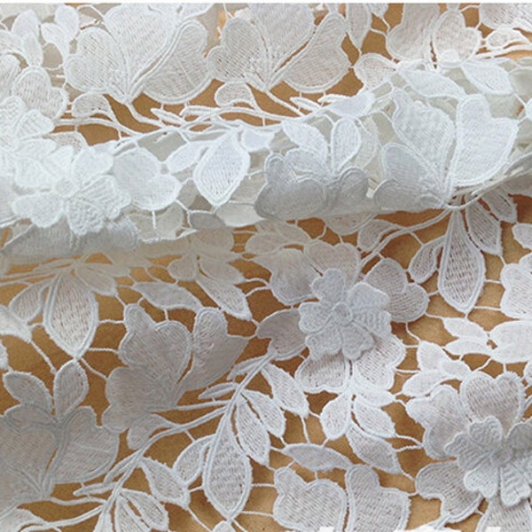 off white lace fabric, guipure lace fabric, crocheted lace fabric, bridal lace fabric, 3D floral lace, bridal venise lace fabric