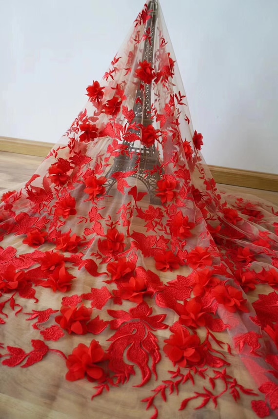red lace fabric with 3D flowers, heavy bead lace fabric with 3d florals,