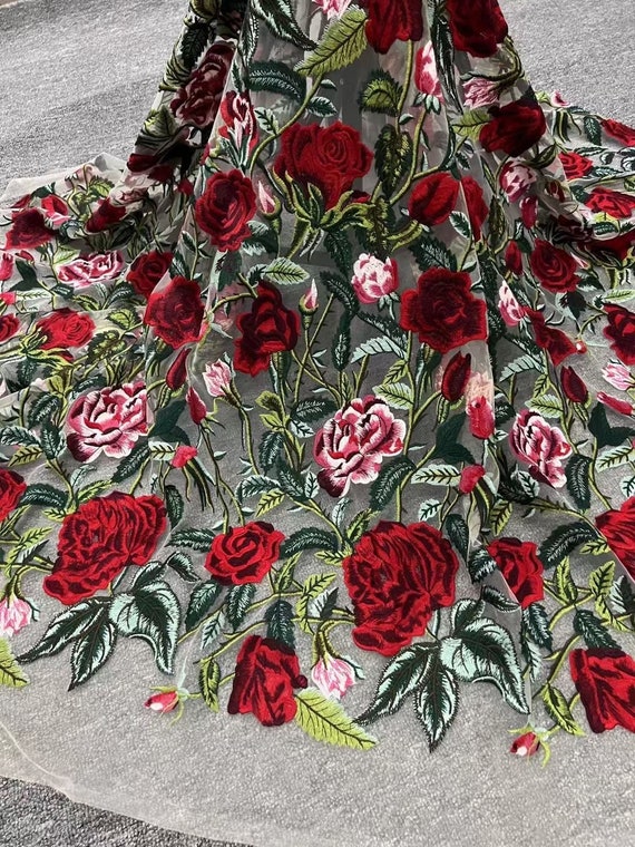 Embroidered Tulle lace fabric with red roses, colorful flowers embroidery tulle lace fabric for couture, dress