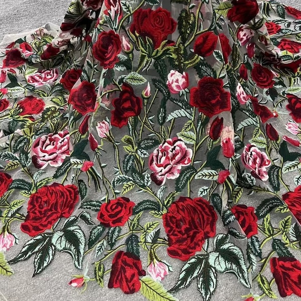 Embroidered Tulle lace fabric with red roses, colorful flowers embroidery tulle lace fabric for couture, dress