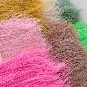 Könnte beinhalten: Sortiment aus bunten Straußenfederbesatz in verschiedenen Farben wie Rosa, Gelb, Grün und Braun. Die Federn sind weich und flauschig und perfekt, um jedem Projekt einen Hauch von Eleganz zu verleihen.