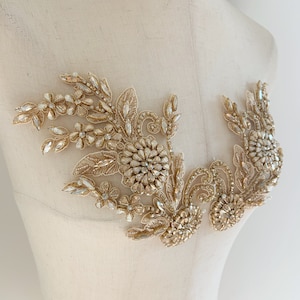 French applique with 3d florals, hand crafted bodice patch, rhinestone applique for couture and bridal dress