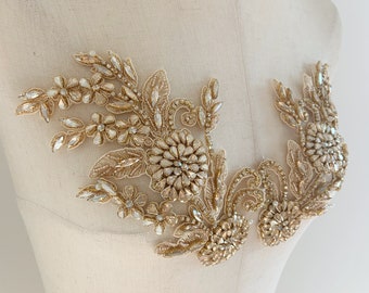 French applique with 3d florals, hand crafted bodice patch, rhinestone applique for couture and bridal dress