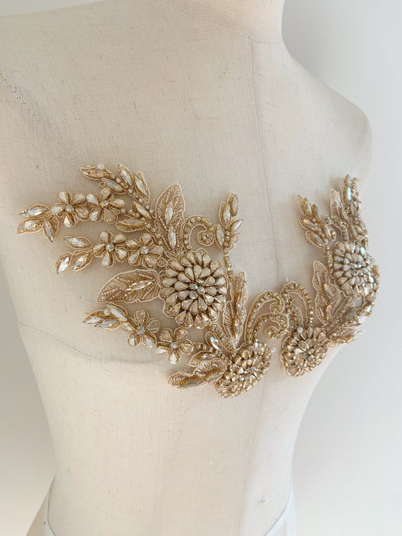 French applique with 3d florals, hand crafted bodice patch, rhinestone applique for couture and bridal dress