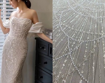 heavy Bead lace fabric for wedding dress, bead and sequined tulle fabric for bridal dress