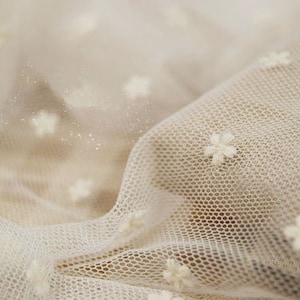 ivory tulle lace fabric, embroidered daisy lace fabric, vintage gauze lace fabric, polka dots lace fabric