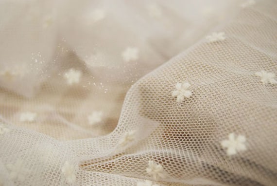 off white tulle lace fabric, embroidered daisy lace fabric, vintage gauze lace fabric, polka dots lace fabric